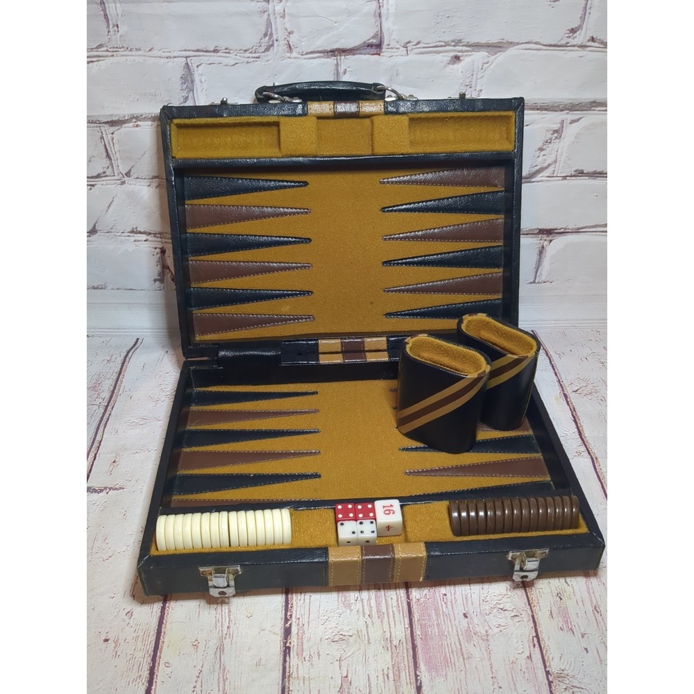 Vintage Backgammon Travel Game Set Faux Leather Leatherette Case Complete
